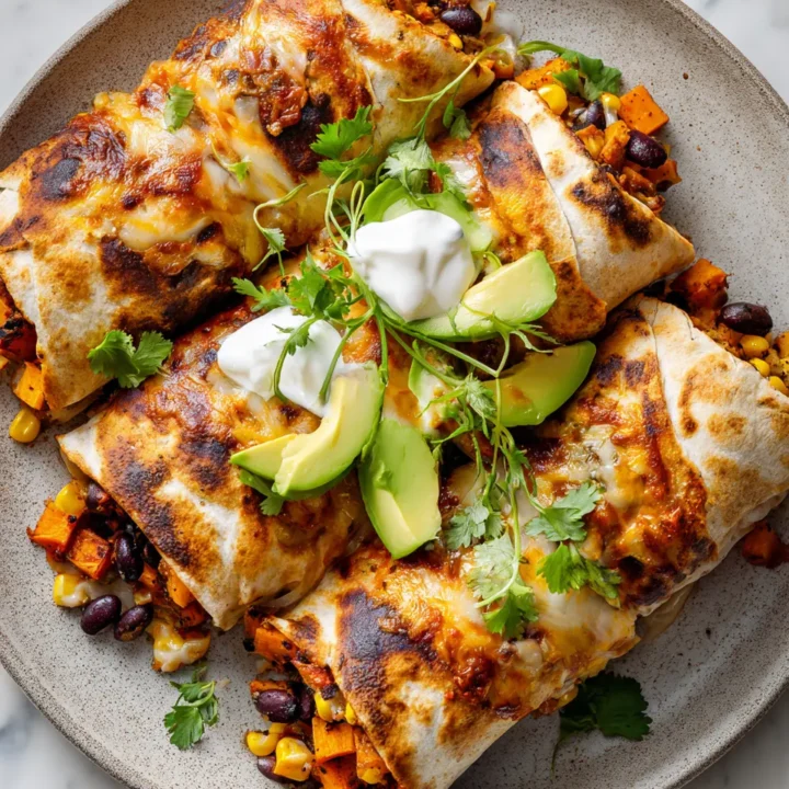 Deliciosos Burritos de Batata para el Otoño Burritos de batata rellenos, perfectos para el otoño, con colores vibrantes y sabores reconfortantes, ideales para compartir.