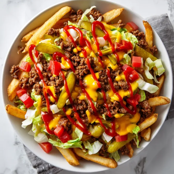 Deliciosas Cheeseburger Fries con carne, queso y frescos toppings, perfectas para reuniones y celebraciones familiares.