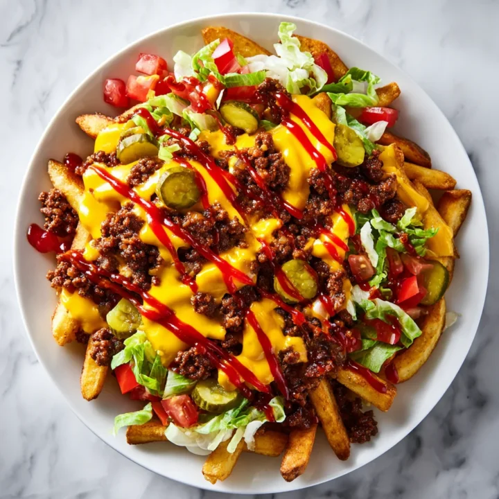 Deliciosas Cheeseburger Fries con carne, queso y frescos toppings, perfectas para reuniones y celebraciones familiares.