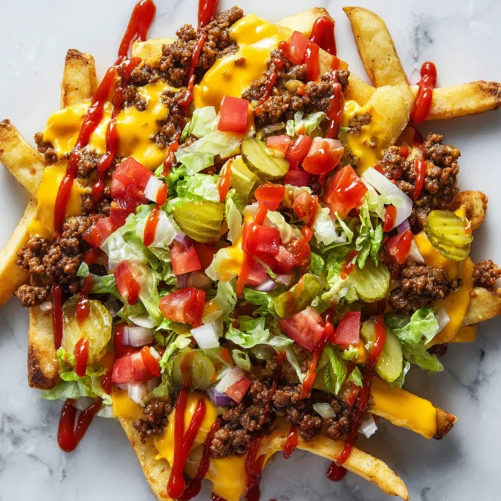 Deliciosas Cheeseburger Fries con carne, queso y frescos toppings, perfectas para reuniones y celebraciones familiares.
