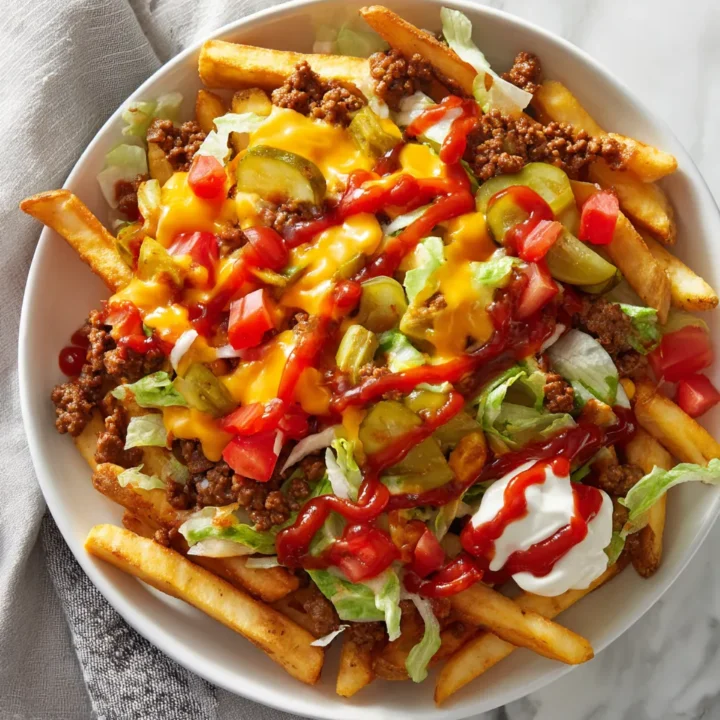 Deliciosas Cheeseburger Fries con carne, queso y frescos toppings, perfectas para reuniones y celebraciones familiares.