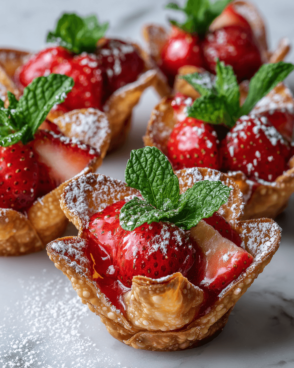 Copas de Wonton de Fresa frescas y deliciosas, ideales para celebraciones primaverales, llenas de sabor y texturas irresistibles.