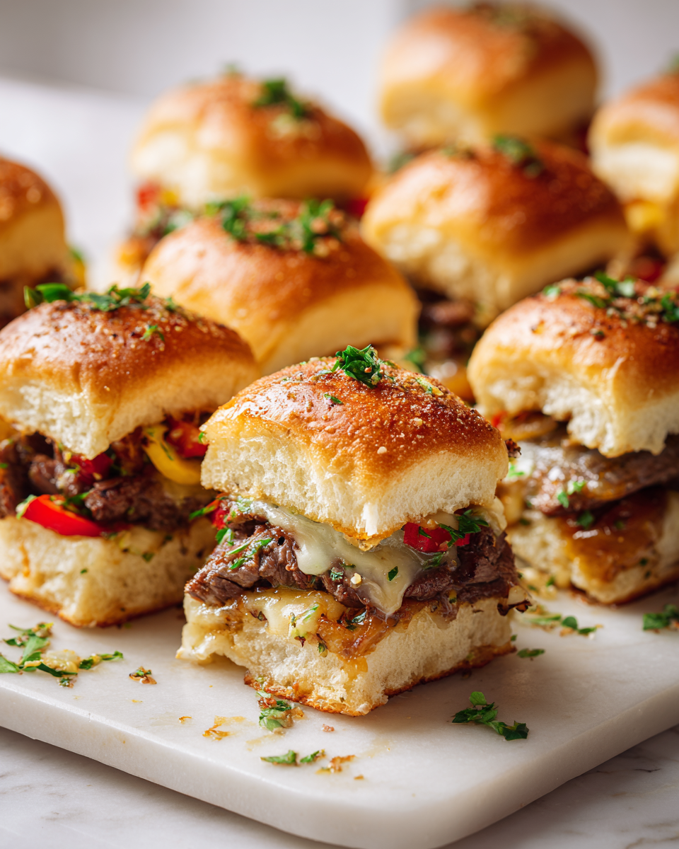 Sliders de Philly Cheesesteak con carne tierna y queso derretido, perfectos para compartir en reuniones. Receta fácil y deliciosa.
