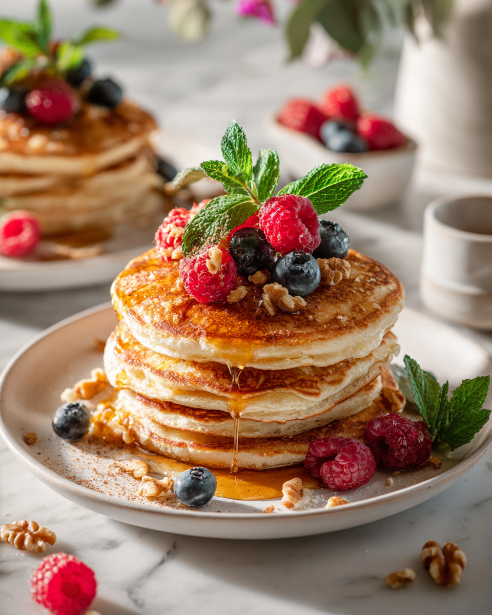 Pancakes de trigo integral esponjosos y nutritivos, perfectos para un brunch familiar, fáciles de hacer y llenos de sabor.