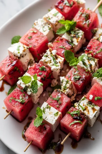 Listones de sandía con queso feta y menta, un aperitivo colorido y refrescante para el verano