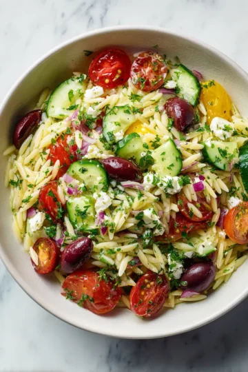 Ensalada fresca de orégano con orzo, vegetales y queso feta, ideal para el verano y picnics. Sabor mediterráneo en cada bocado.