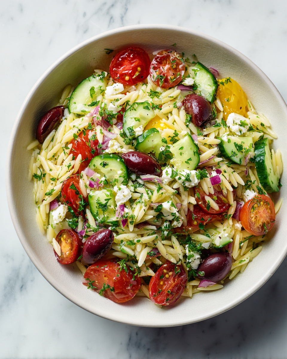 Ensalada fresca de orégano con orzo, vegetales y queso feta, ideal para el verano y picnics. Sabor mediterráneo en cada bocado.
