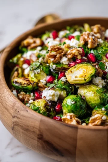 ensalada vibrante de coles de Bruselas con nueces y granada