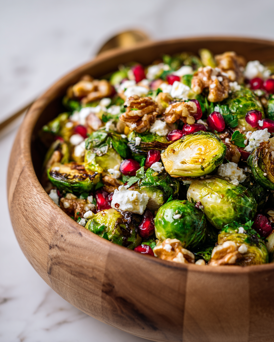ensalada vibrante de coles de Bruselas con nueces y granada