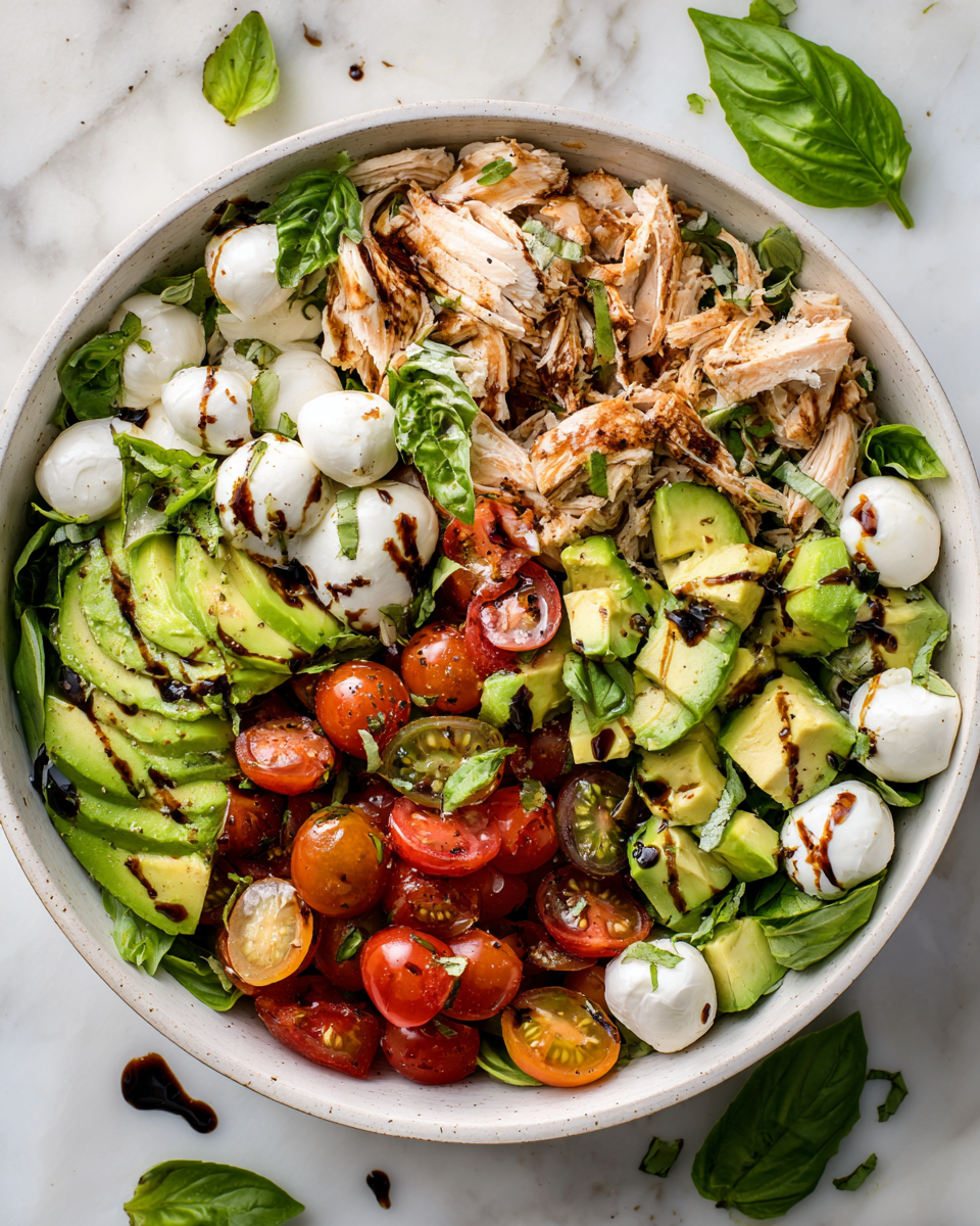 Ensalada de pollo y aguacate caprese fresca y deliciosa para el verano