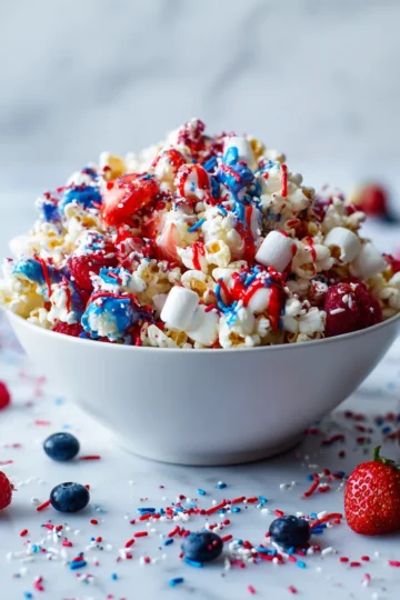 Palomitas de maíz festivas decoradas con chocolate blanco, candy melts en rojo y azul, ideales para el 4 de julio y celebraciones de verano.