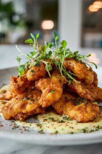 Tiras de pollo fritas al aire, crujientes y jugosas, ideales para reuniones con amigos y familia, fáciles de preparar en solo 45 minutos