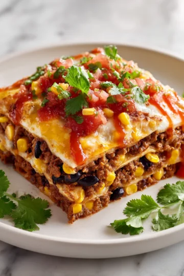 Lasaña de tacos con capas de carne, frijoles y queso, lista para servir en una mesa festiva
