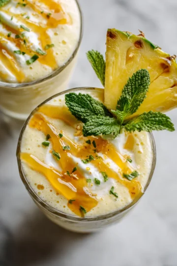 Batido tropical refrescante con frutas frescas y leche de coco, ideal para días calurosos.