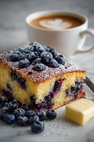 Pastel de café con arándanos recién horneado, ideal para brunch, fácil de preparar y delicioso.