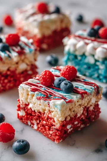 Golosinas patrióticas de Rice Krispies en colores rojo, blanco y azul ideales para celebraciones de verano