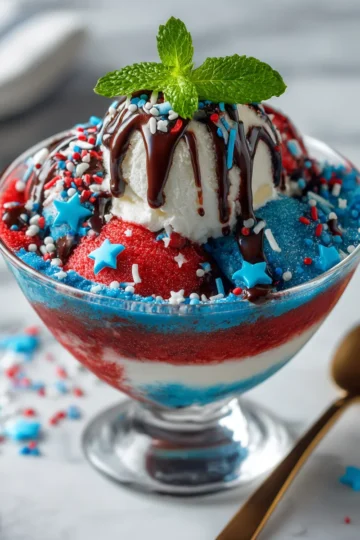 Delicioso helado patriótico casero con capas de color rojo, blanco y azul, ideal para celebrar fiestas en familia.