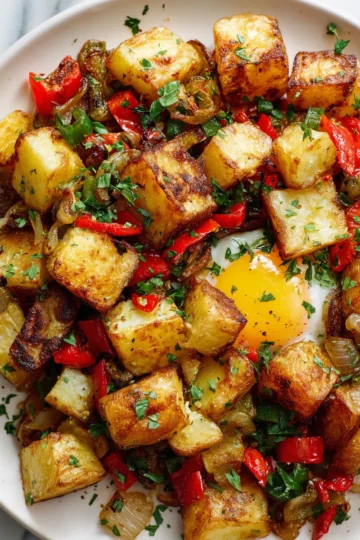 Patatas de desayuno crujientes con pimientos en una sartén