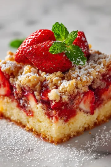 Pastel de crumble de fresa, un postre veraniego con fresas jugosas y topping crujiente, ideal para celebraciones con amigos o familia.