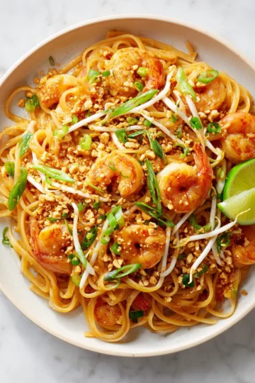 Plato de Pad Thai de camarones con fideos de arroz, brotes de soja y cacahuetes tostados, servido con gajos de lima.