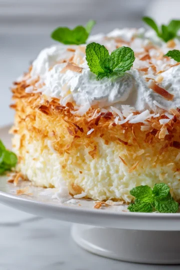 Pastel cremoso de crema de coco decorado con crema batida y coco rallado, perfecto para las reuniones familiares.