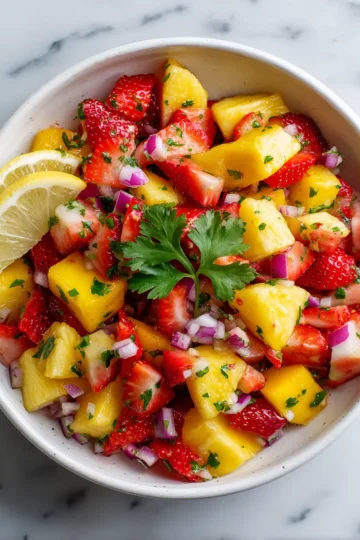 Refrescante salsa de frutas ideal para fiestas de verano, fácil de preparar y llena de sabores vibrantes.