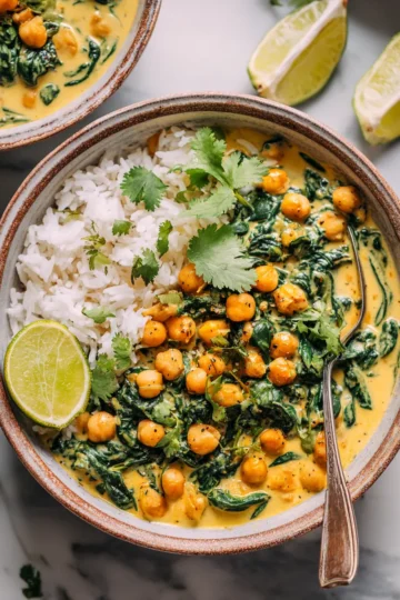 Receta de curry de garbanzos y espinacas, un plato nutritivo y fácil de hacer en 30 minutos.