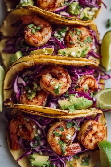Tacos de camarones con aguacate, un plato ideal para compartir con amigos y familia, frescura y sabores vibrantes en cada bocado.