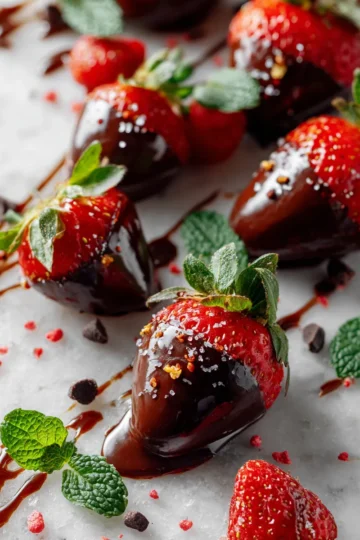 Fresas frescas bañadas en chocolate oscuro, un delicioso postre primaveral ideal para compartir en celebraciones.