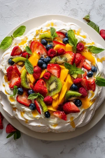 Pavlova de verano con frutas frescas y crema batida, ideal para reuniones y celebraciones, receta fácil y sin gluten.
