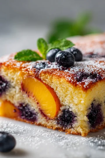 Delicioso pastel de durazno y arándano fresco, un postre de verano irresistible, perfecto para reuniones y fiestas, fácil de preparar con frutas de temporada.