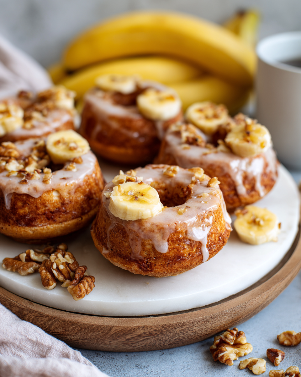 Irresistibles donuts de pan de plátano, perfectos para el otoño, suaves y crujientes, ideales para un desayuno reconfortante.
