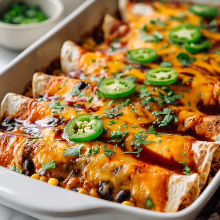 Enchiladas lentas rellenas de pollo, frijoles y maíz, perfectas para compartir en familia.