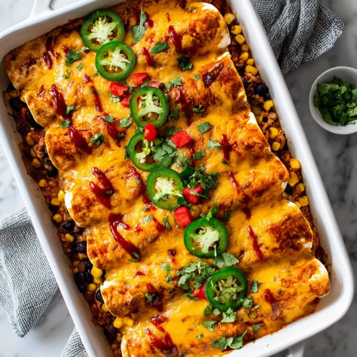 Enchiladas lentas rellenas de pollo, frijoles y maíz, perfectas para compartir en familia.