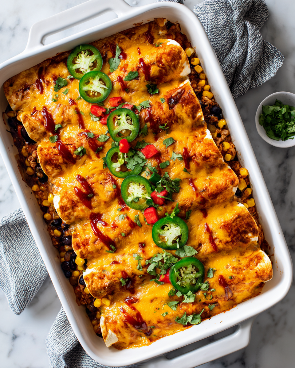 Enchiladas lentas rellenas de pollo, frijoles y maíz, perfectas para compartir en familia.