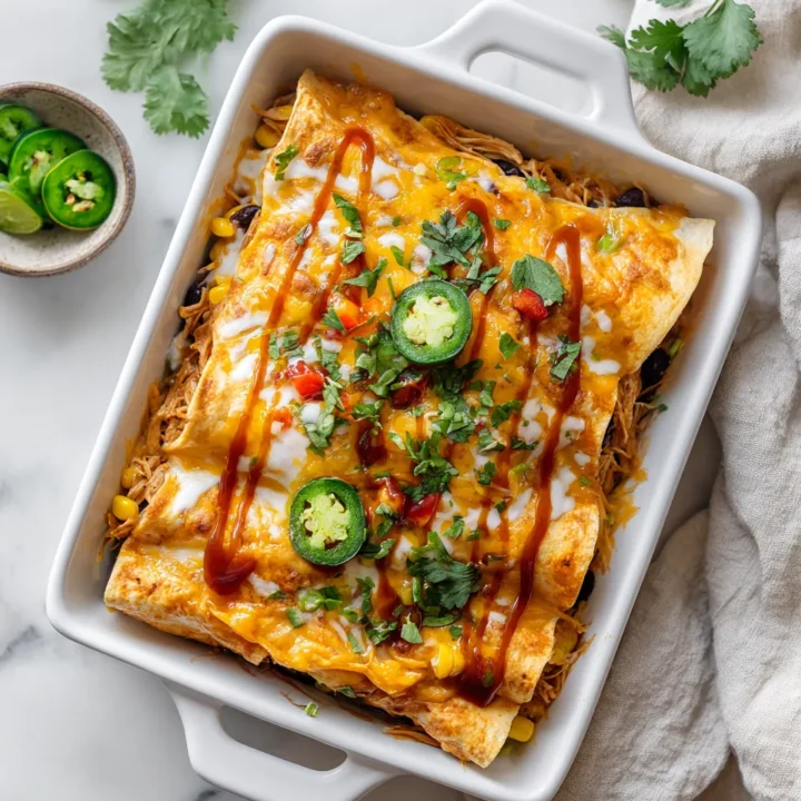 Enchiladas lentas rellenas de pollo, frijoles y maíz, perfectas para compartir en familia.