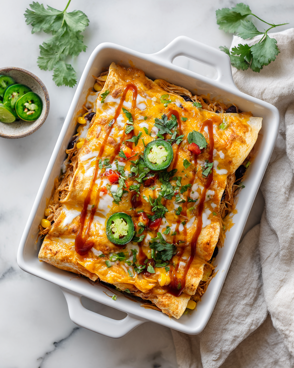 Enchiladas lentas rellenas de pollo, frijoles y maíz, perfectas para compartir en familia.