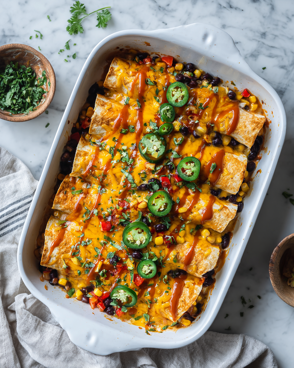 Enchiladas lentas rellenas de pollo, frijoles y maíz, perfectas para compartir en familia.