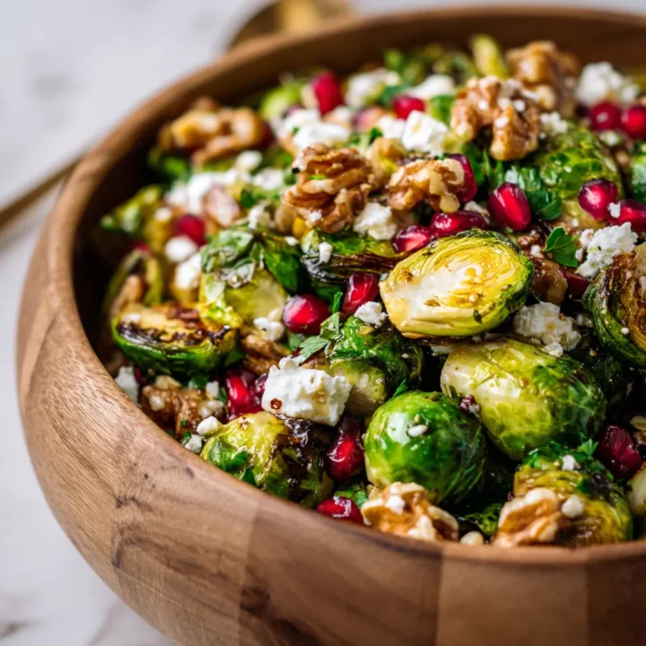 ensalada vibrante de coles de Bruselas con nueces y granada