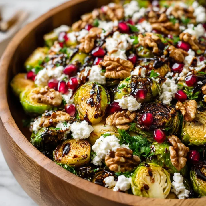 ensalada vibrante de coles de Bruselas con nueces y granada