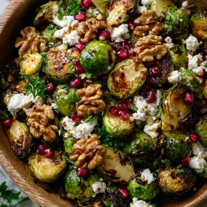 ensalada vibrante de coles de Bruselas con nueces y granada