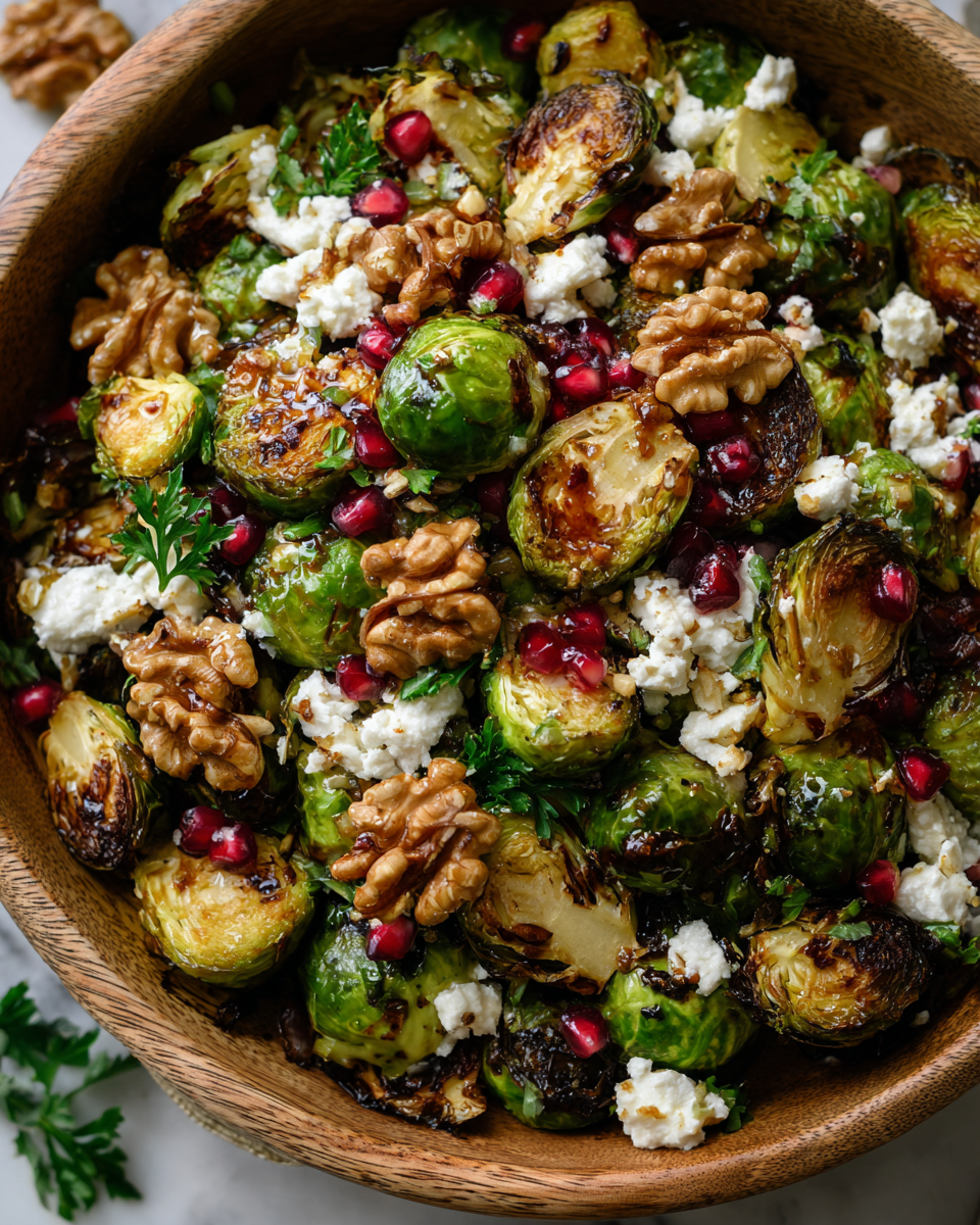 Ensalada Vibrante de Coles de Bruselas para Otoño ensalada vibrante de coles de Bruselas con nueces y granada