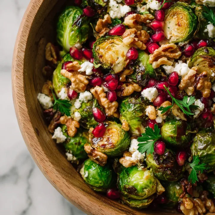 ensalada vibrante de coles de Bruselas con nueces y granada