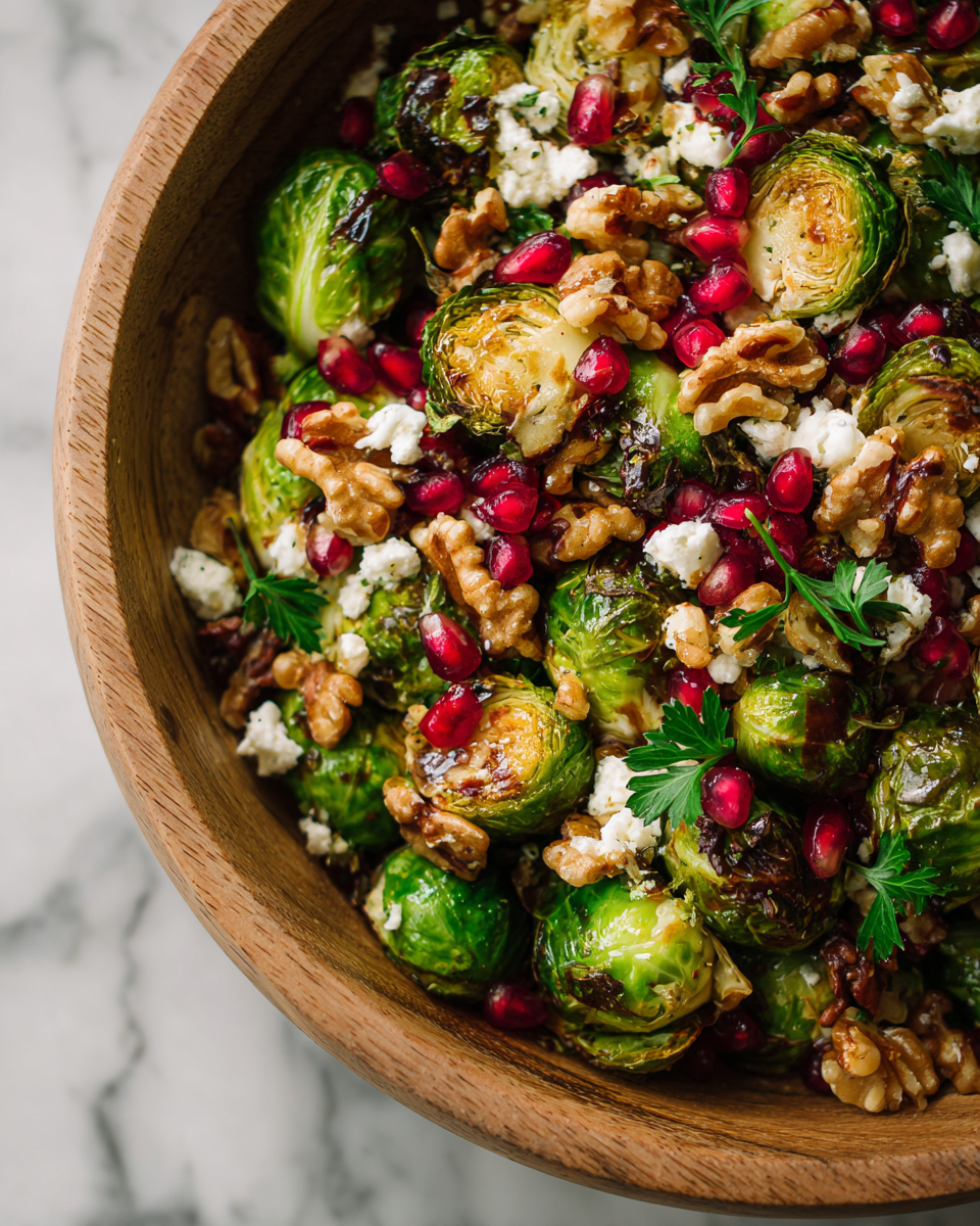 Ensalada Vibrante de Coles de Bruselas para Otoño ensalada vibrante de coles de Bruselas con nueces y granada