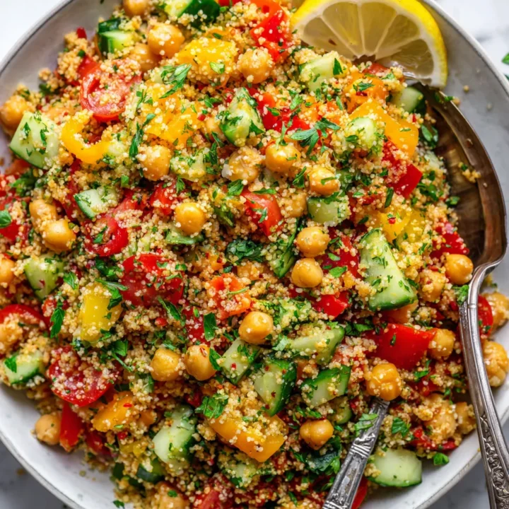 Ensalada de cuscús perlado vegano con verduras frescas.