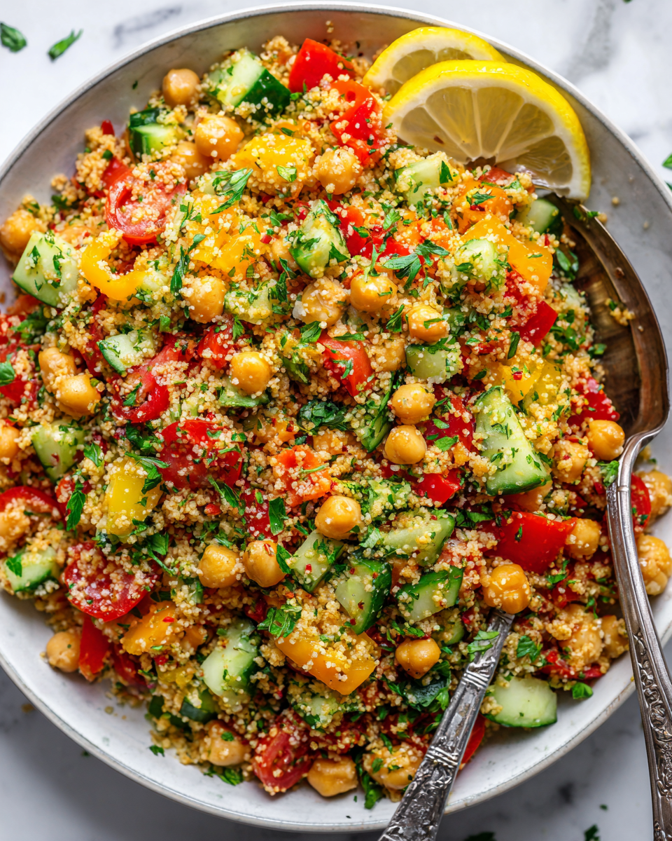 Ensalada de cuscús perlado vegano con verduras frescas.