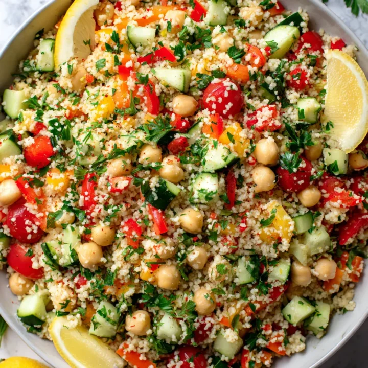 Ensalada de cuscús perlado vegano con verduras frescas.