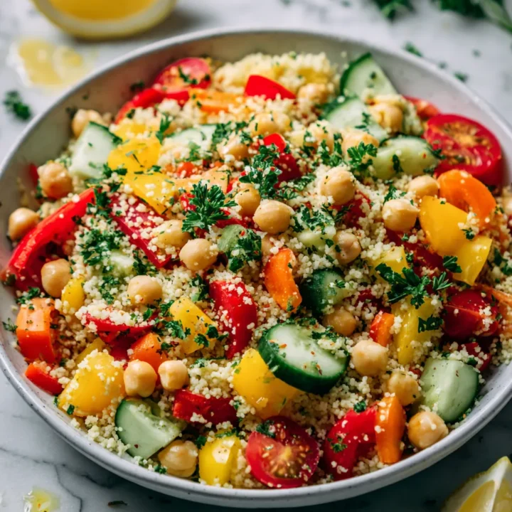 Ensalada de cuscús perlado vegano con verduras frescas.