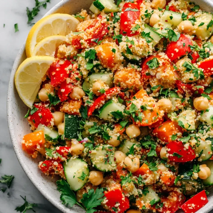 Ensalada de cuscús perlado vegano con verduras frescas.