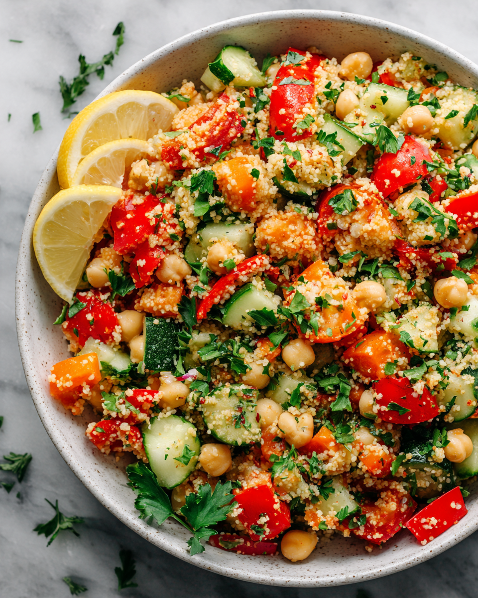 Ensalada de cuscús perlado vegano con verduras frescas.